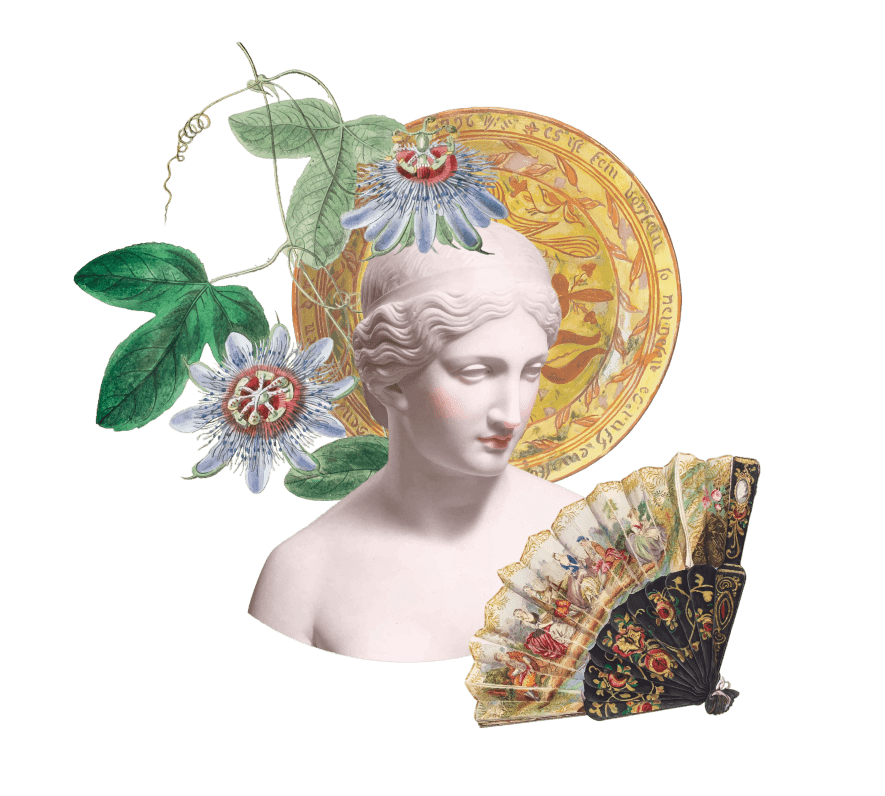 Collage venus con flores y abanicos